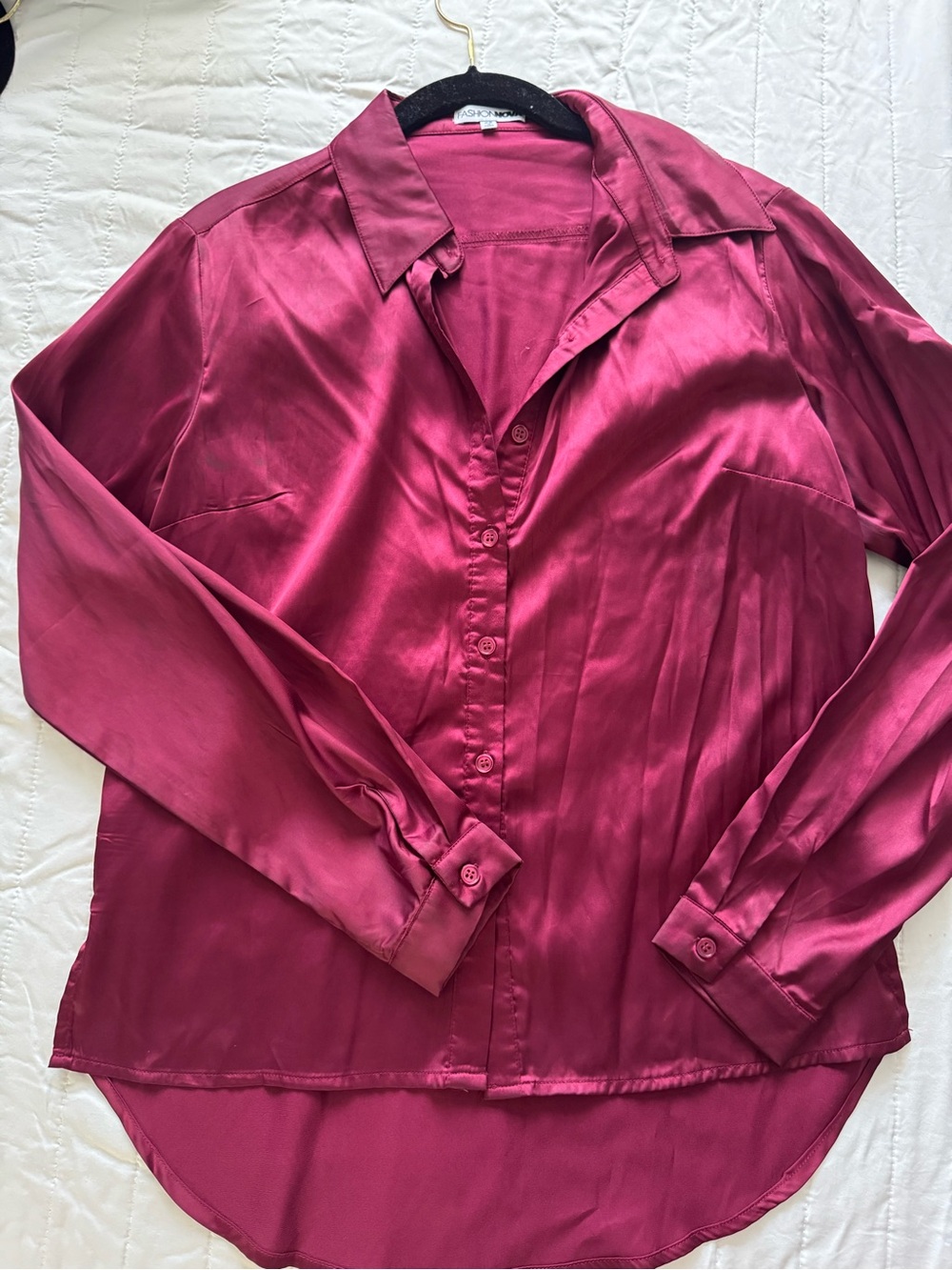 Fashion Nova Satin Fuchsia Button-Down Shirt